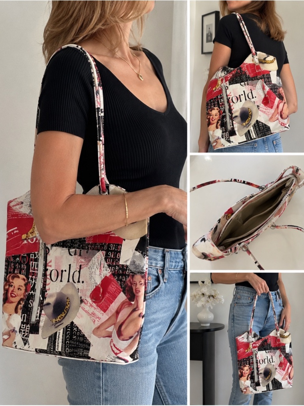 Retro Collage Print Tote Bag in Red and Cream